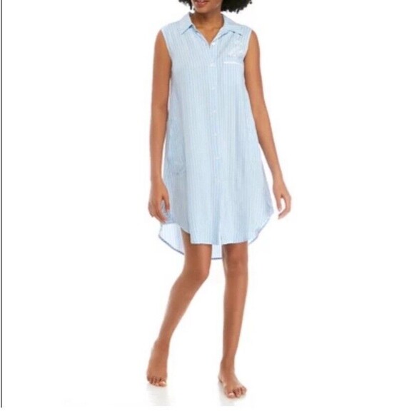 Miss Elaine Short Nightgown Size XL Sleeveless Button Stripe Cotton Light Blue - Picture 1 of 13